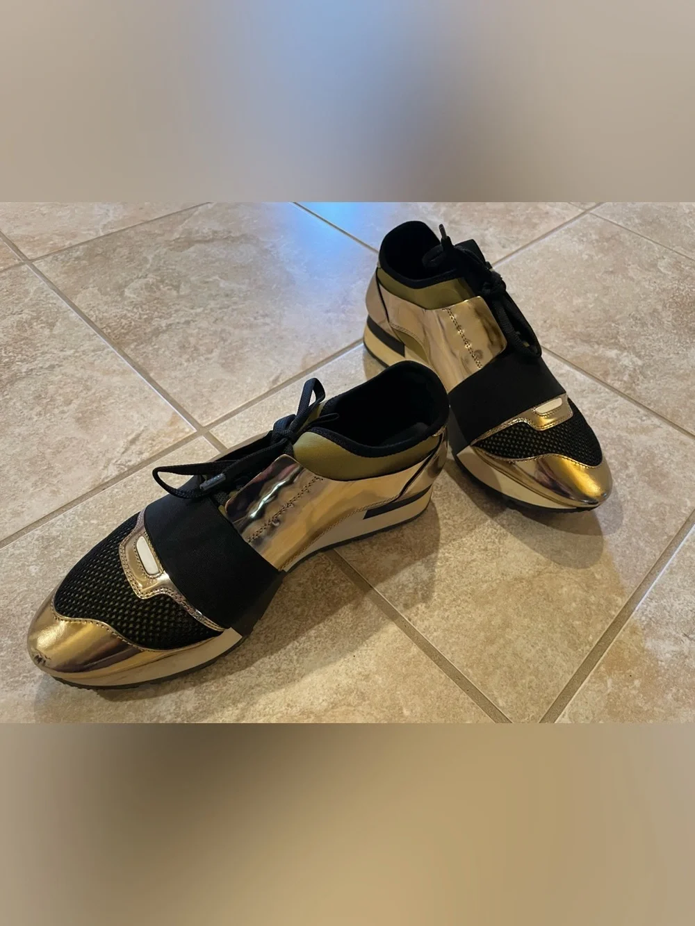 Balenciaga Gold Patent Leather, Mesh and Neoprene Race Runner Sneakers